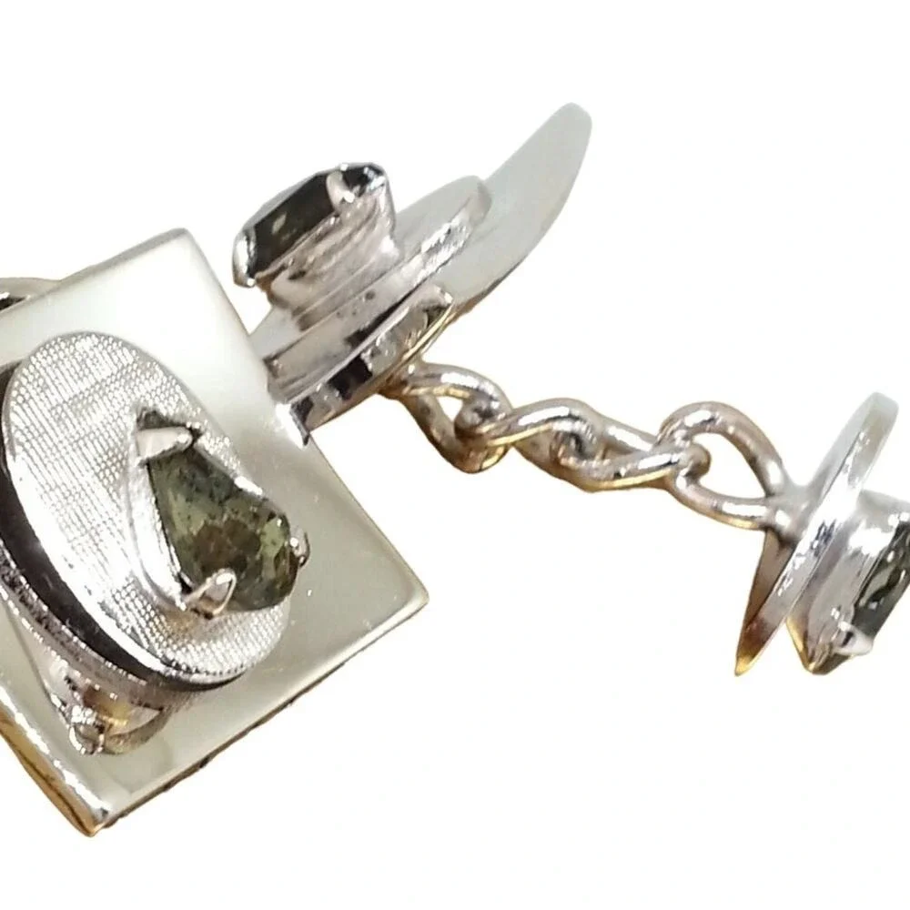 Smoke Faceted Glass Stone Cufflinks‎ Silver Tone Teardrop Double Faced Chainlink